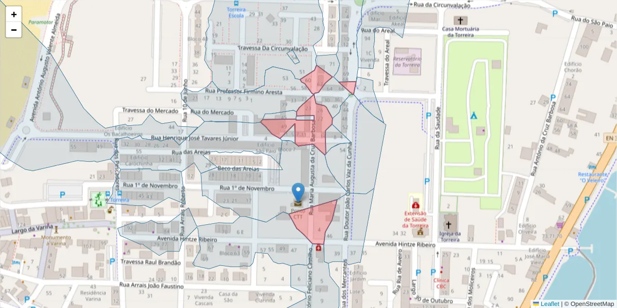 Mapa detalhado do código postal 3870-355 com limites, códigos postais vizinhos e agências dos correios