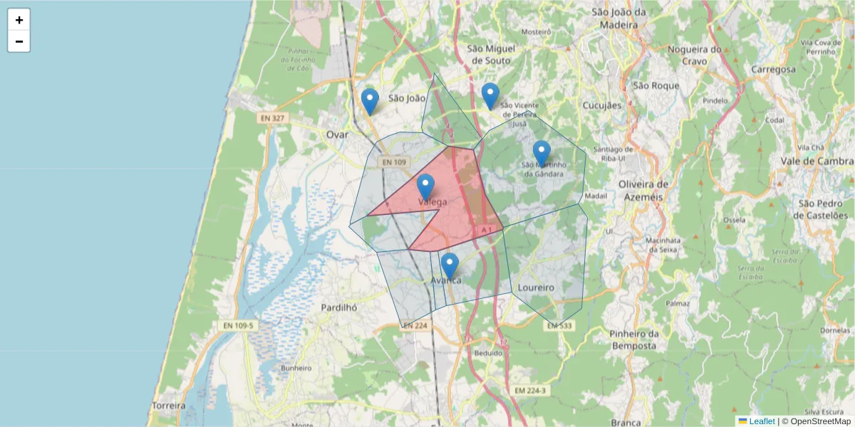 Mapa detalhado do código postal 3880-000 com limites, códigos postais vizinhos e agências dos correios