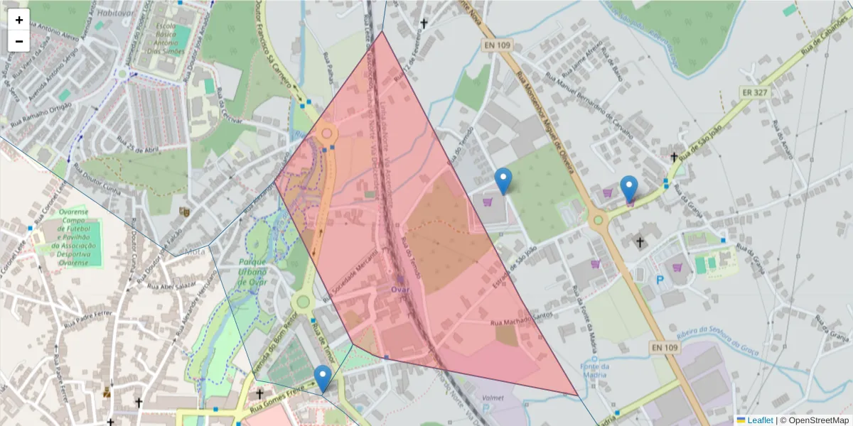 Mapa detalhado do código postal 3880-038 com limites, códigos postais vizinhos e agências dos correios