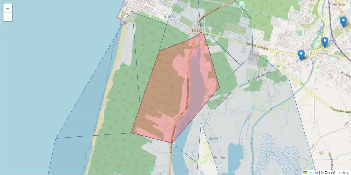 Mapa detalhado do código postal 3880-090 com limites, códigos postais vizinhos e agências dos correios