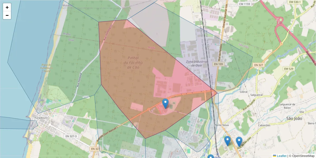 Mapa detalhado do código postal 3880-109 com limites, códigos postais vizinhos e agências dos correios