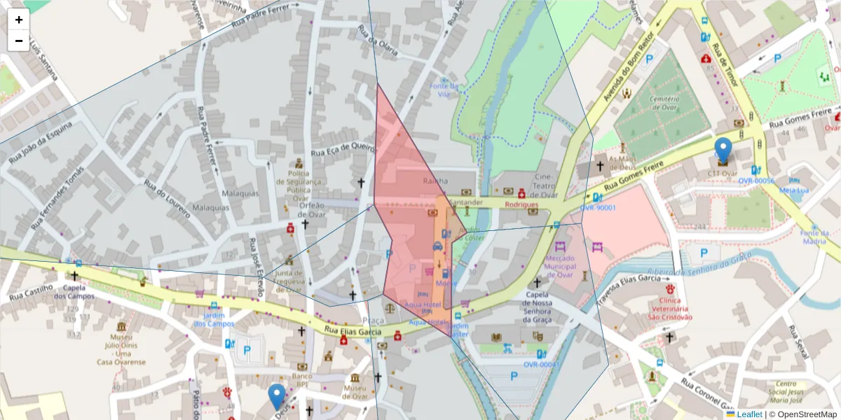 Mapa detalhado do código postal 3880-151 com limites, códigos postais vizinhos e agências dos correios
