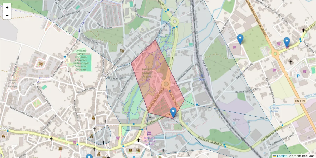 Mapa detalhado do código postal 3880-180 com limites, códigos postais vizinhos e agências dos correios