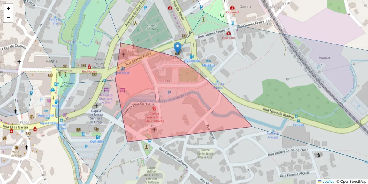 Mapa detalhado do código postal 3880-214 com limites, códigos postais vizinhos e agências dos correios