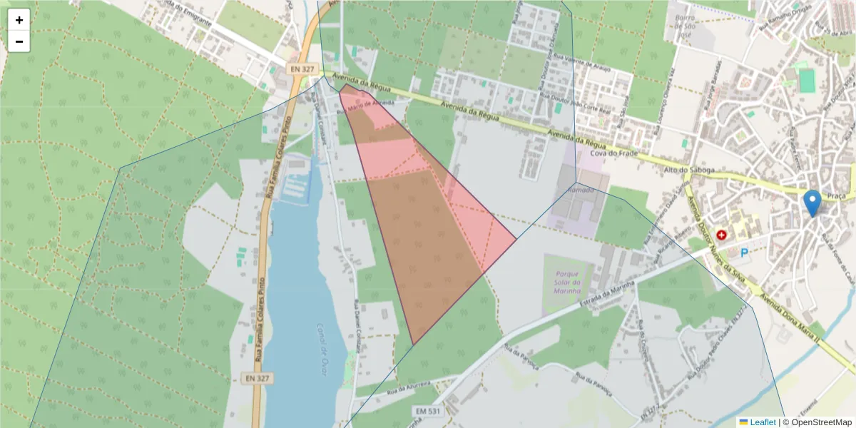 Mapa detalhado do código postal 3880-332 com limites, códigos postais vizinhos e agências dos correios