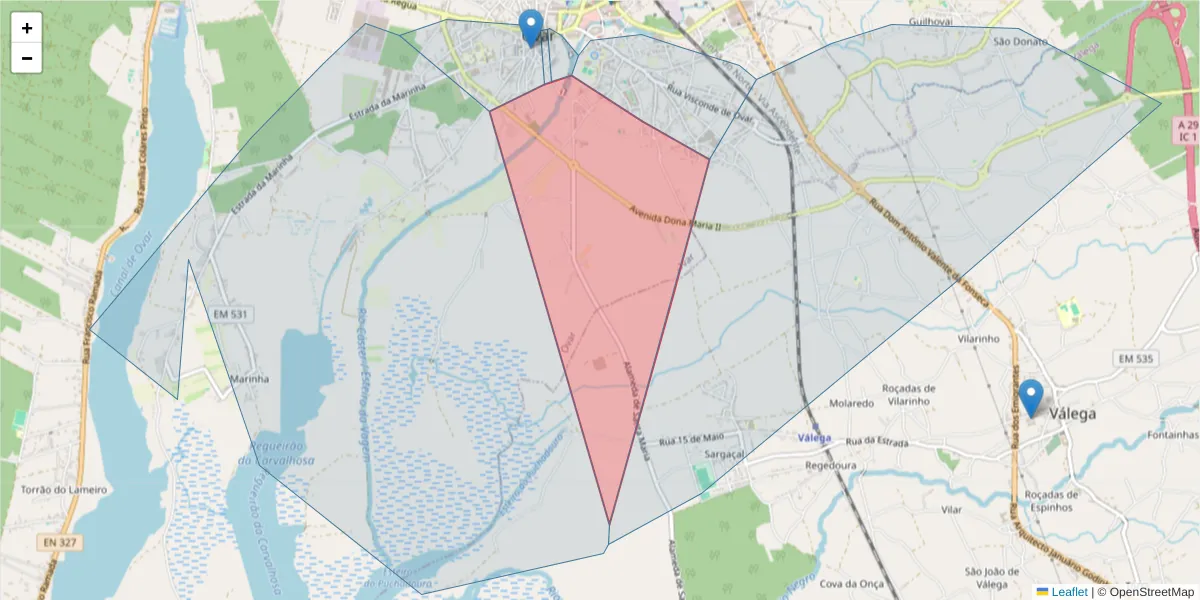 Mapa detalhado do código postal 3880-404 com limites, códigos postais vizinhos e agências dos correios