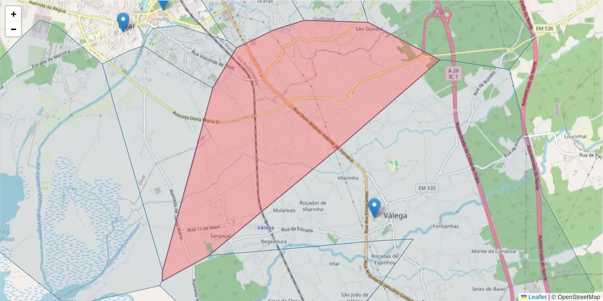 Mapa detalhado do código postal 3880-647 com limites, códigos postais vizinhos e agências dos correios