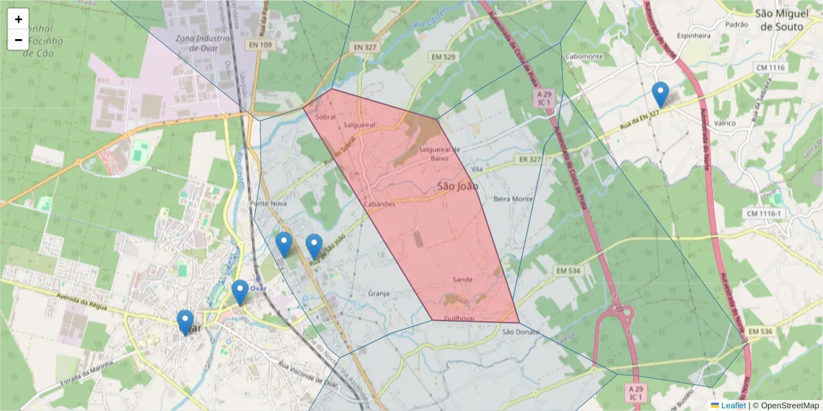 Mapa detalhado do código postal 3880-742 com limites, códigos postais vizinhos e agências dos correios