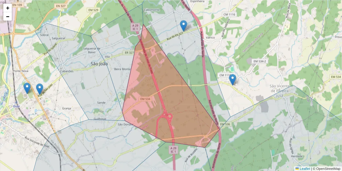 Mapa detalhado do código postal 3880-743 com limites, códigos postais vizinhos e agências dos correios