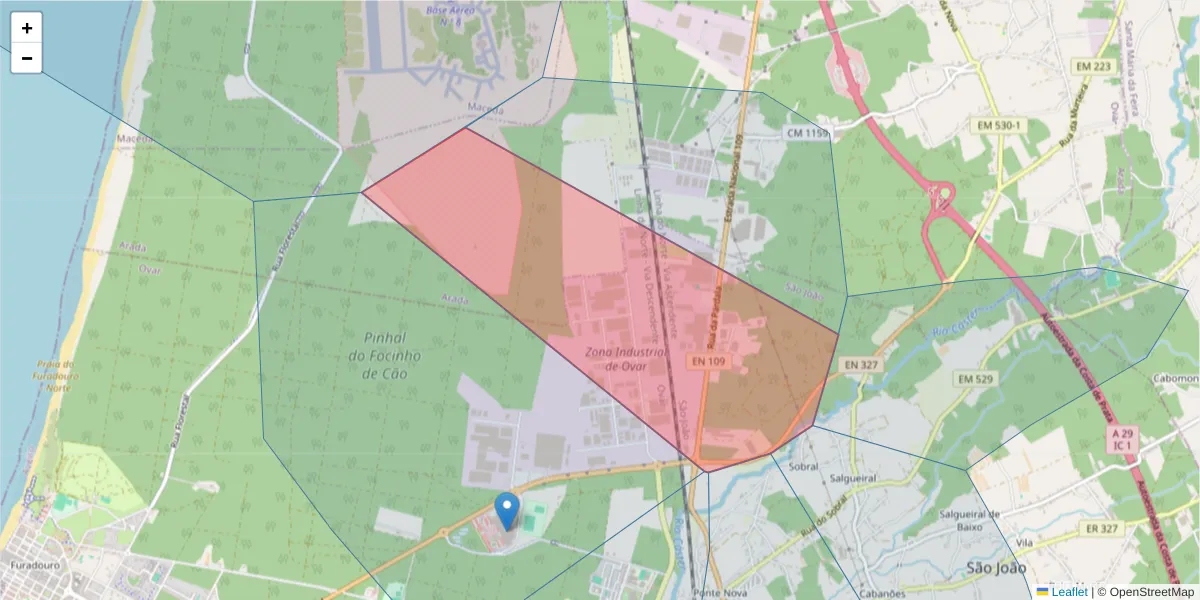 Mapa detalhado do código postal 3881-902 com limites, códigos postais vizinhos e agências dos correios