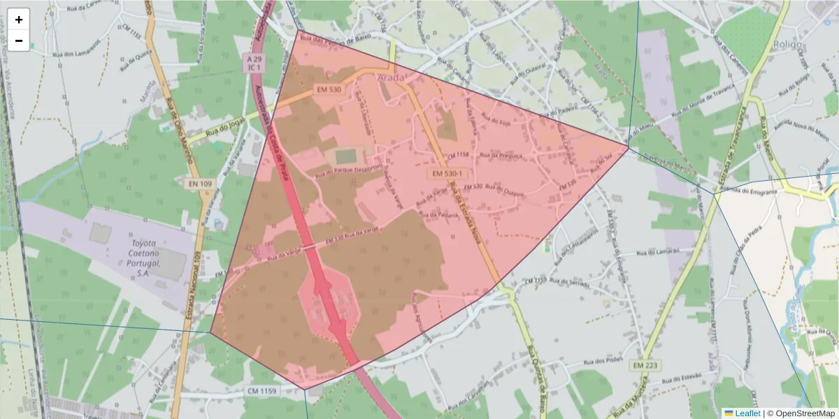 Mapa detalhado do código postal 3885-048 com limites, códigos postais vizinhos e agências dos correios
