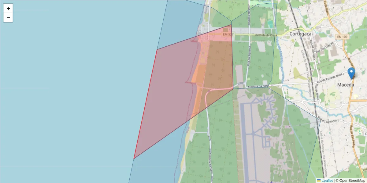 Mapa detalhado do código postal 3885-204 com limites, códigos postais vizinhos e agências dos correios