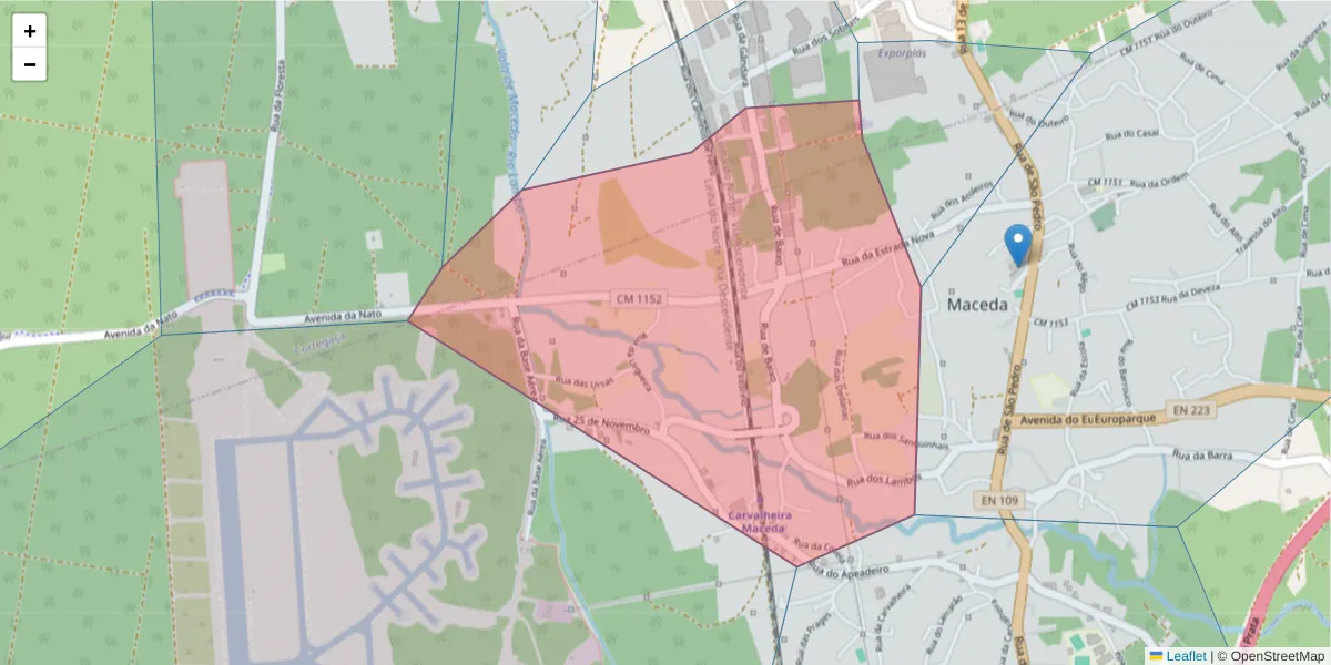 Mapa detalhado do código postal 3885-246 com limites, códigos postais vizinhos e agências dos correios