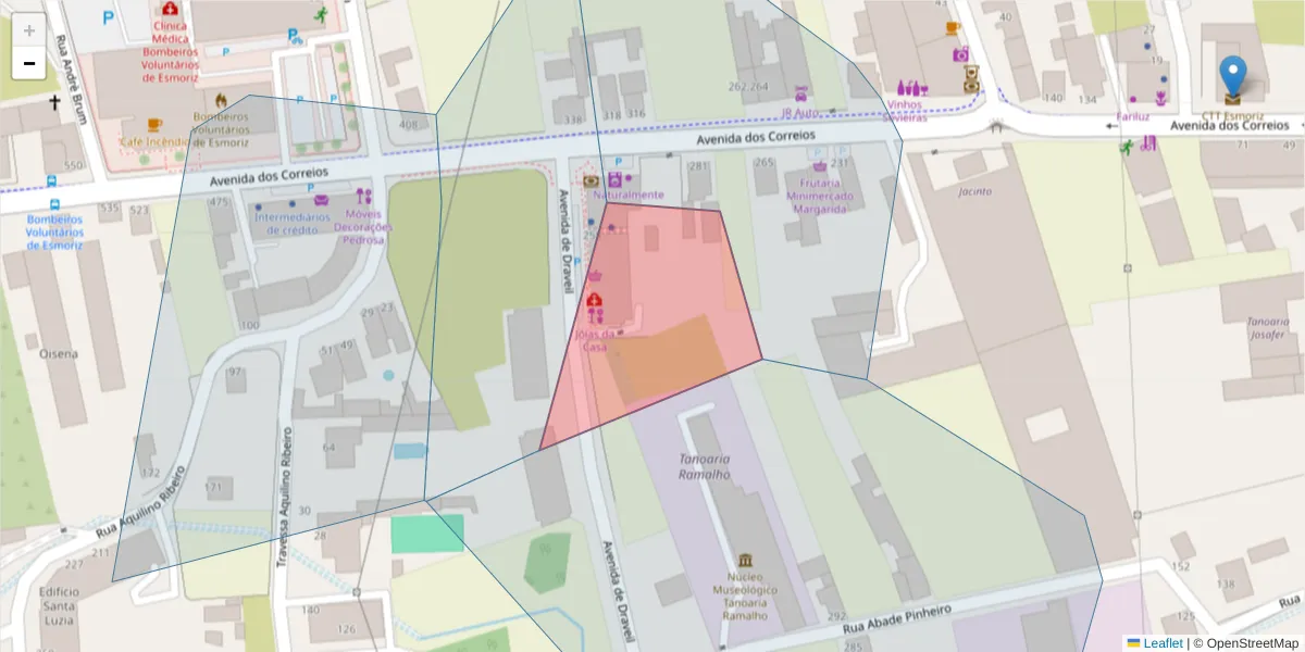 Mapa detalhado do código postal 3885-317 com limites, códigos postais vizinhos e agências dos correios