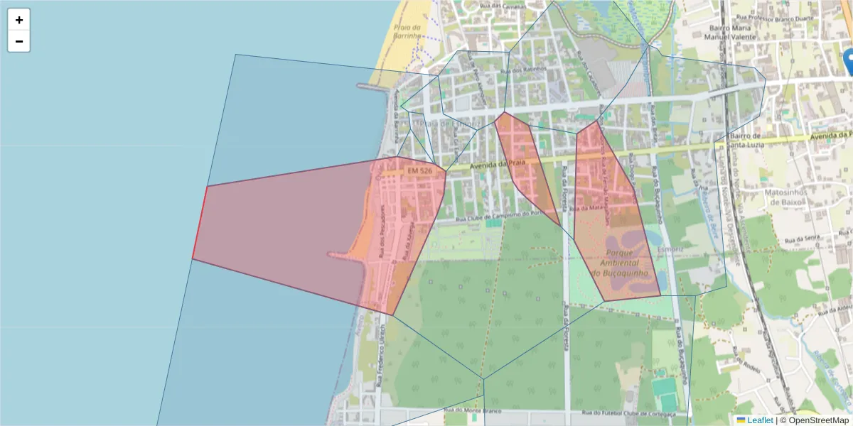 Mapa detalhado do código postal 3885-405 com limites, códigos postais vizinhos e agências dos correios