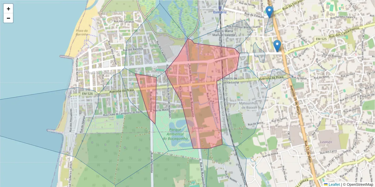 Mapa detalhado do código postal 3885-406 com limites, códigos postais vizinhos e agências dos correios
