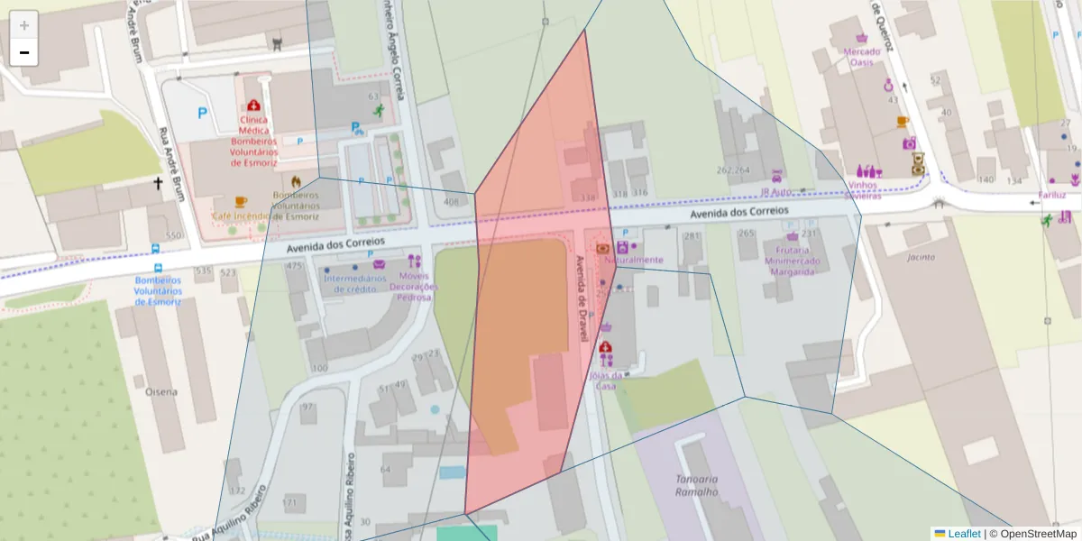 Mapa detalhado do código postal 3885-407 com limites, códigos postais vizinhos e agências dos correios