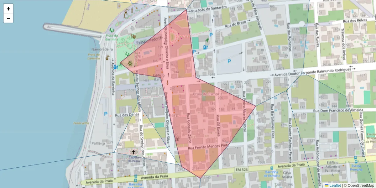 Mapa detalhado do código postal 3885-415 com limites, códigos postais vizinhos e agências dos correios