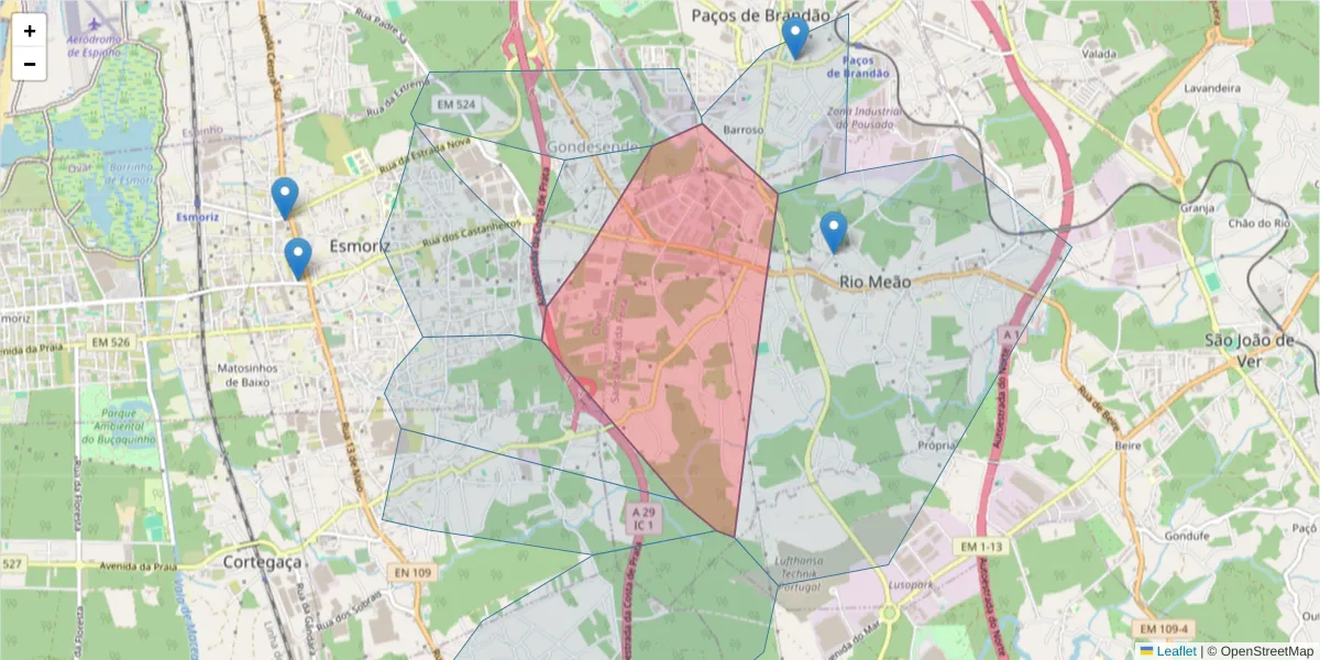 Mapa detalhado do código postal 3885-466 com limites, códigos postais vizinhos e agências dos correios