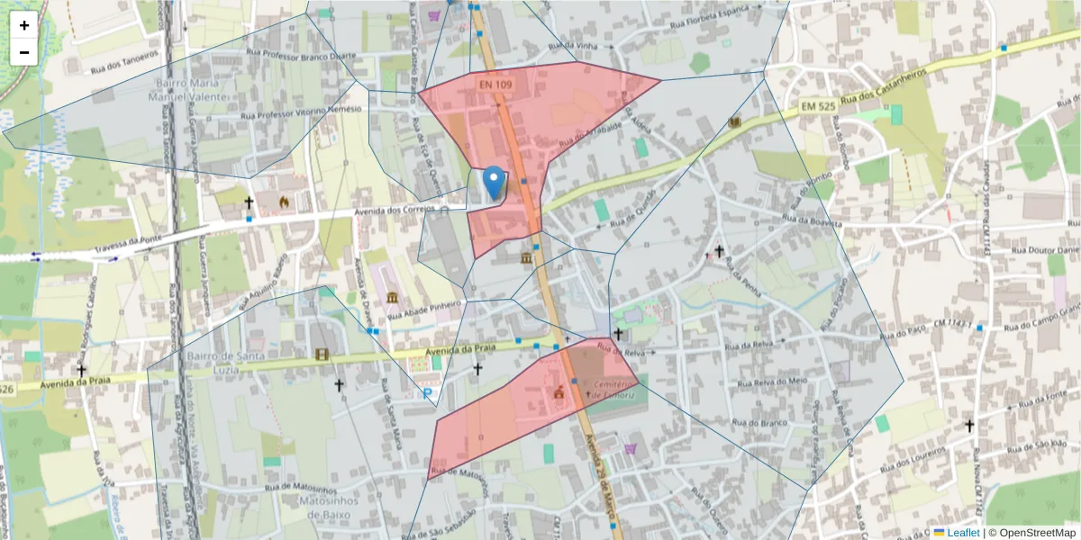 Mapa detalhado do código postal 3885-517 com limites, códigos postais vizinhos e agências dos correios
