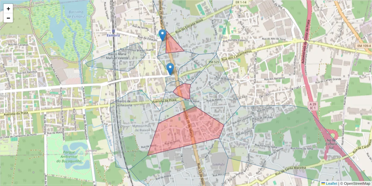 Mapa detalhado do código postal 3885-518 com limites, códigos postais vizinhos e agências dos correios