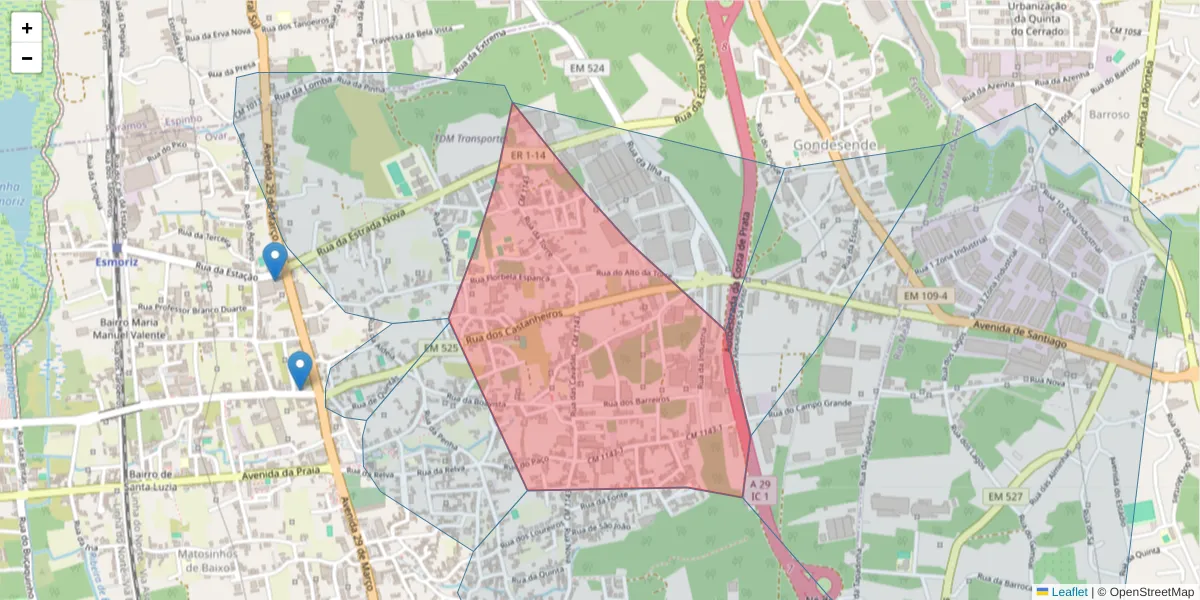 Mapa detalhado do código postal 3885-523 com limites, códigos postais vizinhos e agências dos correios