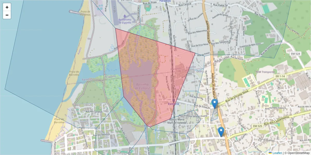 Mapa detalhado do código postal 3885-528 com limites, códigos postais vizinhos e agências dos correios