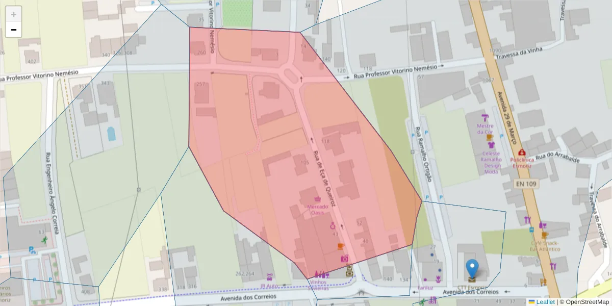 Mapa detalhado do código postal 3885-573 com limites, códigos postais vizinhos e agências dos correios