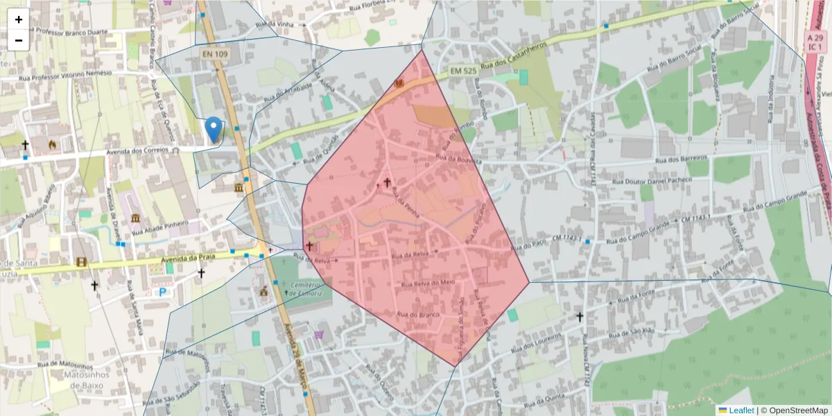 Mapa detalhado do código postal 3885-612 com limites, códigos postais vizinhos e agências dos correios