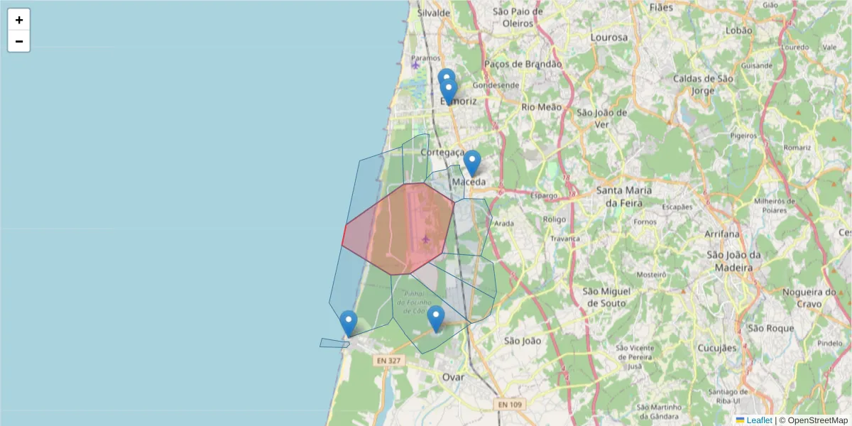 Mapa detalhado do código postal 3885-718 com limites, códigos postais vizinhos e agências dos correios