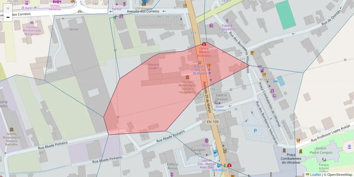Mapa detalhado do código postal 3885-909 com limites, códigos postais vizinhos e agências dos correios