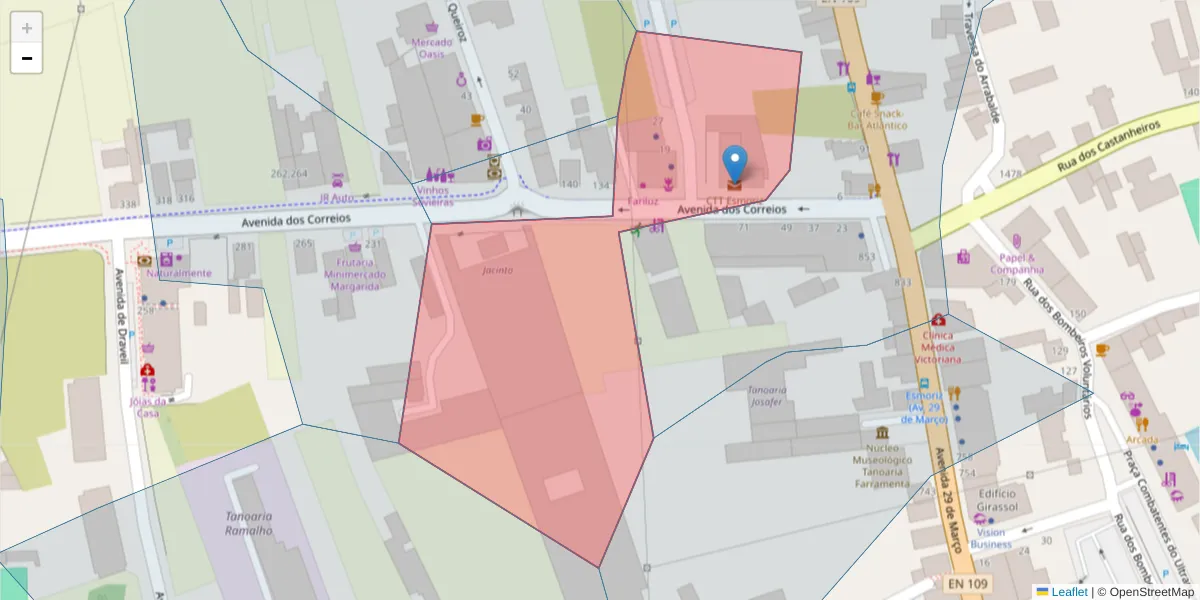 Mapa detalhado do código postal 3885-999 com limites, códigos postais vizinhos e agências dos correios