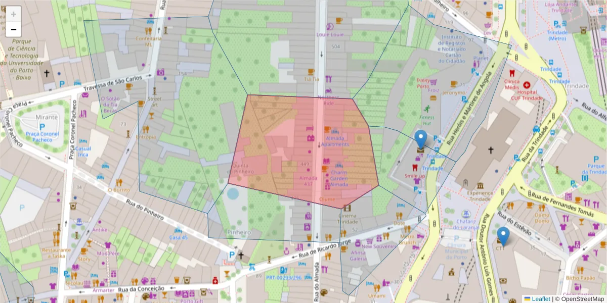 Mapa detalhado do código postal 400-303 com limites, códigos postais vizinhos e agências dos correios