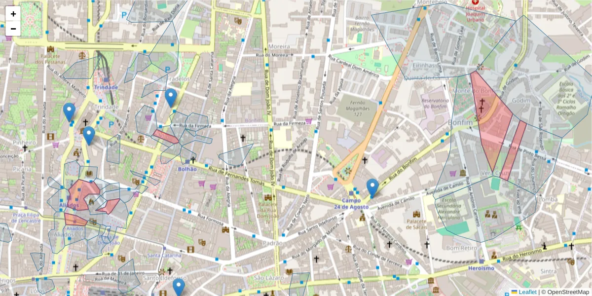 Mapa detalhado do código postal 4000-065 com limites, códigos postais vizinhos e agências dos correios