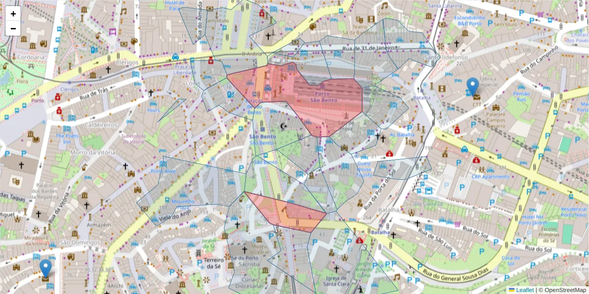 Mapa detalhado do código postal 4000-069 com limites, códigos postais vizinhos e agências dos correios
