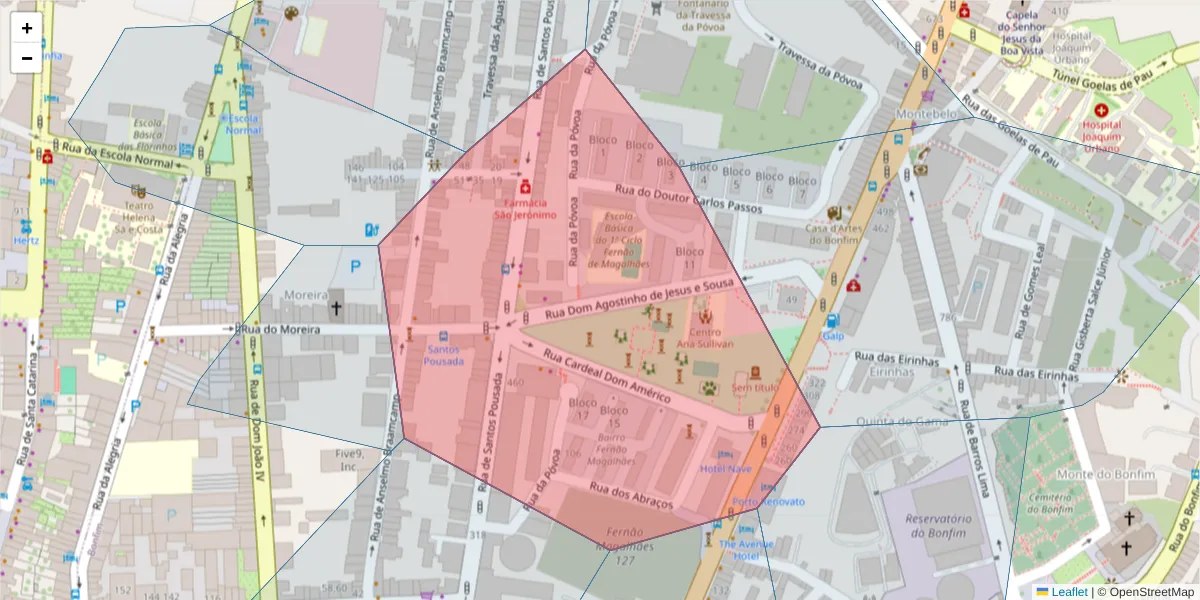 Mapa detalhado do código postal 4000-077 com limites, códigos postais vizinhos e agências dos correios