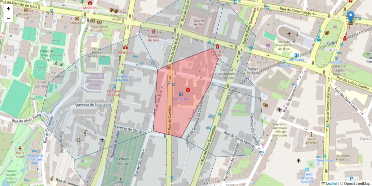 Mapa detalhado do código postal 4000-086 com limites, códigos postais vizinhos e agências dos correios