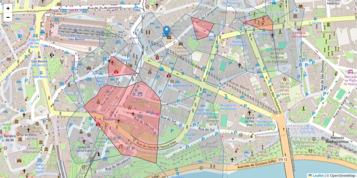 Mapa detalhado do código postal 4000-098 com limites, códigos postais vizinhos e agências dos correios