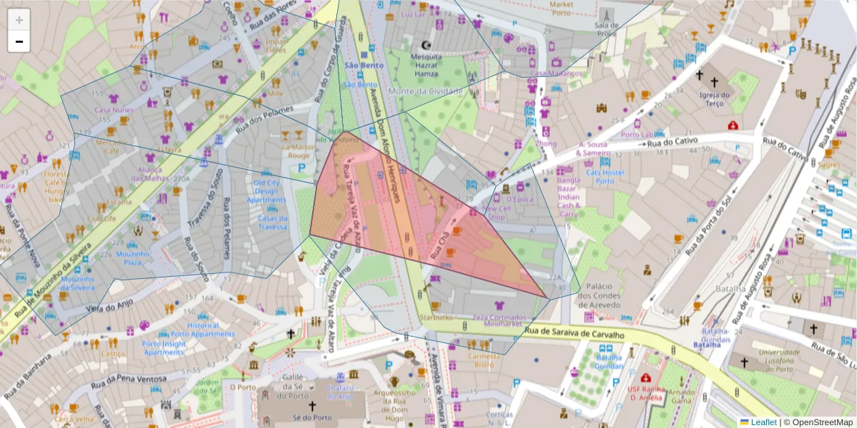 Mapa detalhado do código postal 4000-166 com limites, códigos postais vizinhos e agências dos correios