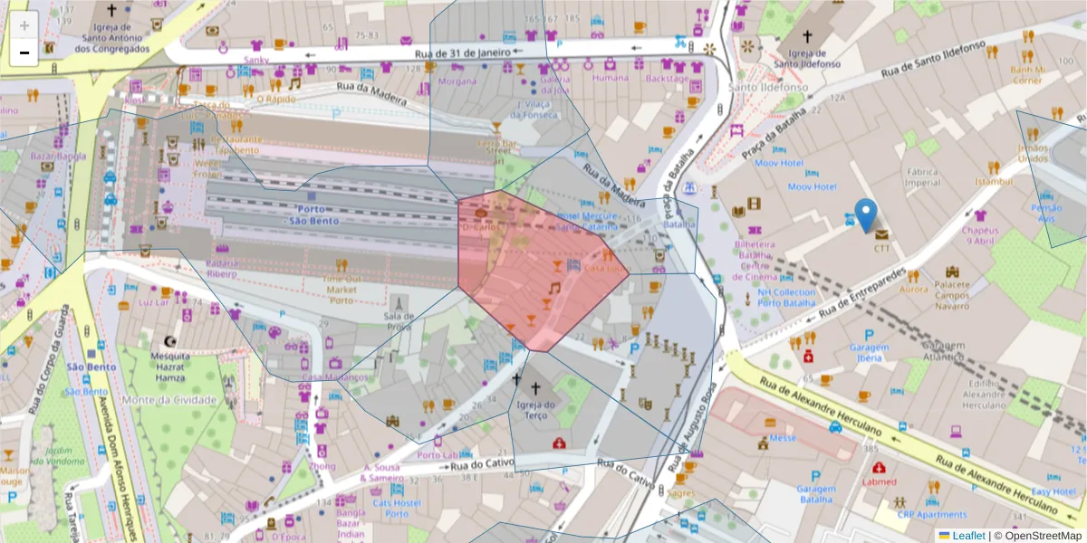 Mapa detalhado do código postal 4000-170 com limites, códigos postais vizinhos e agências dos correios