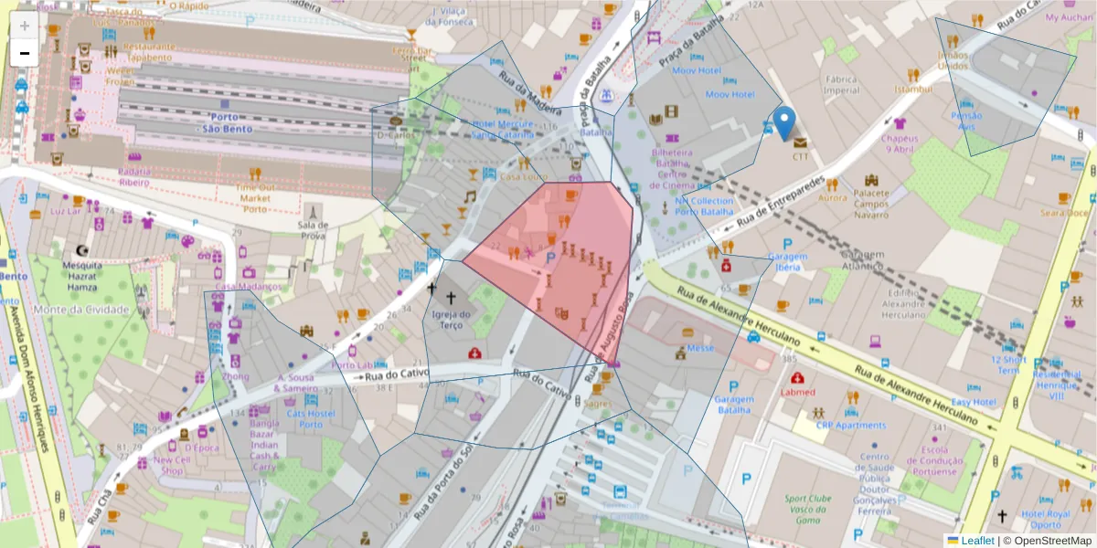 Mapa detalhado do código postal 4000-171 com limites, códigos postais vizinhos e agências dos correios