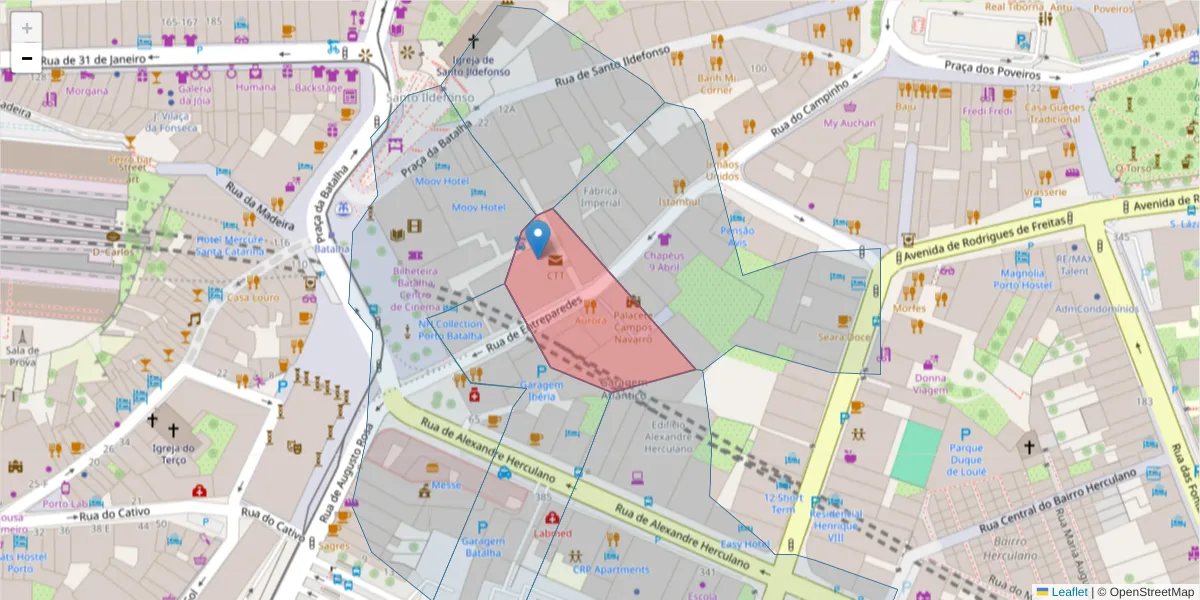 Mapa detalhado do código postal 4000-198 com limites, códigos postais vizinhos e agências dos correios