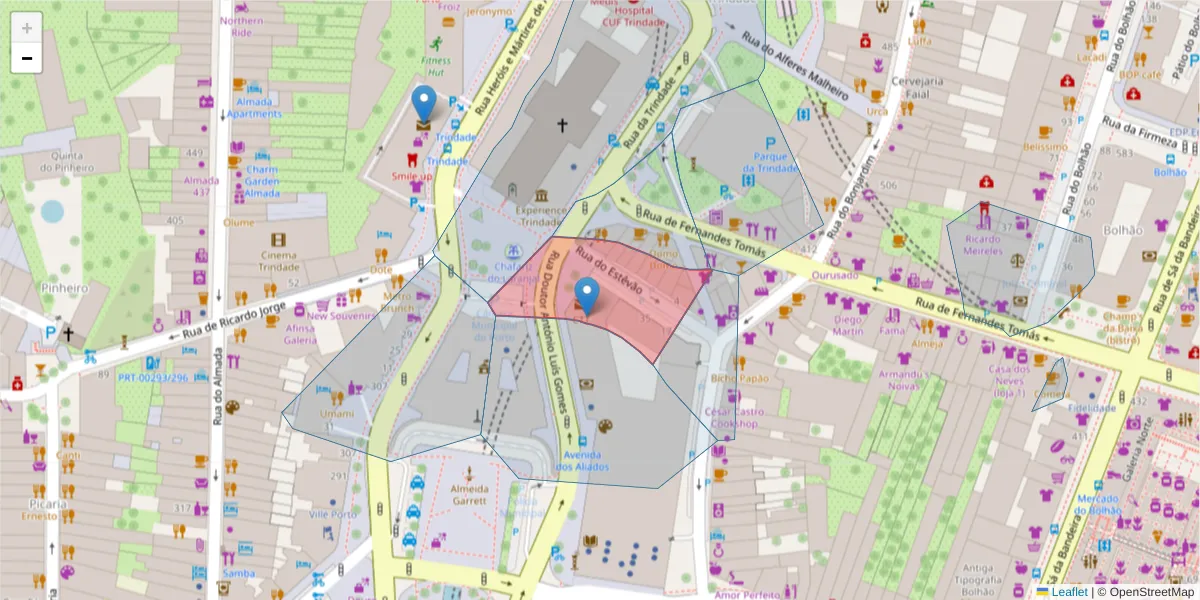 Mapa detalhado do código postal 4000-200 com limites, códigos postais vizinhos e agências dos correios