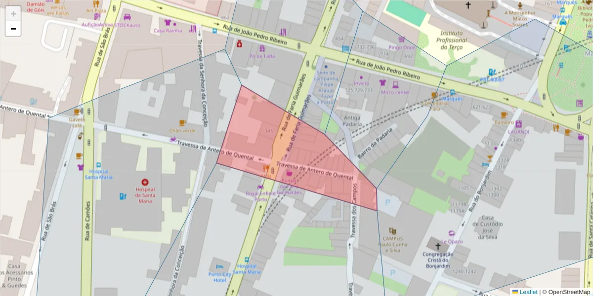 Mapa detalhado do código postal 4000-203 com limites, códigos postais vizinhos e agências dos correios