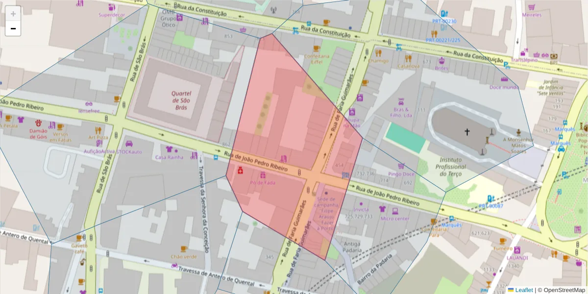 Mapa detalhado do código postal 4000-205 com limites, códigos postais vizinhos e agências dos correios