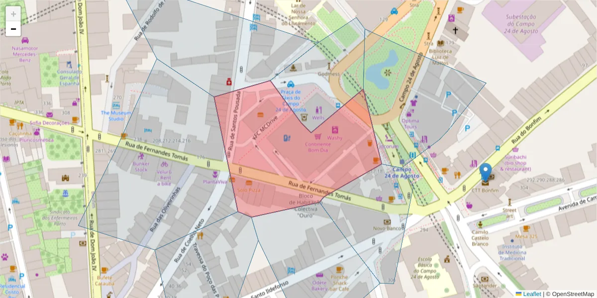 Mapa detalhado do código postal 4000-208 com limites, códigos postais vizinhos e agências dos correios