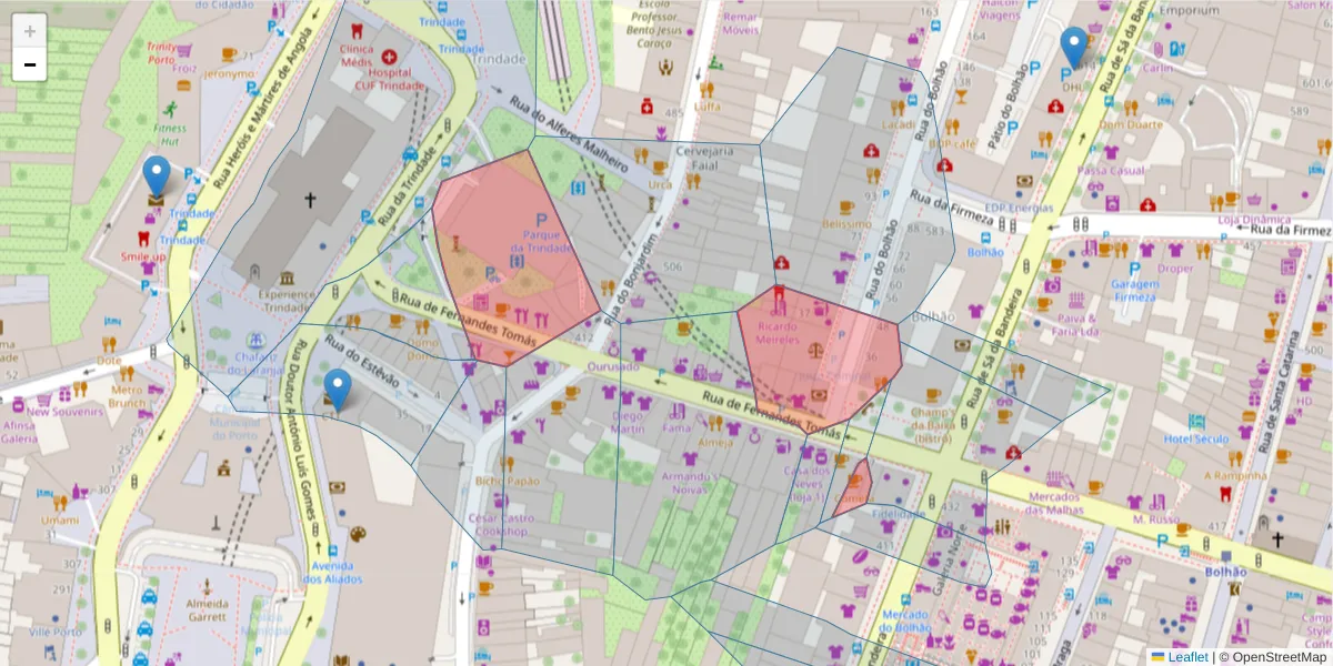 Mapa detalhado do código postal 4000-213 com limites, códigos postais vizinhos e agências dos correios