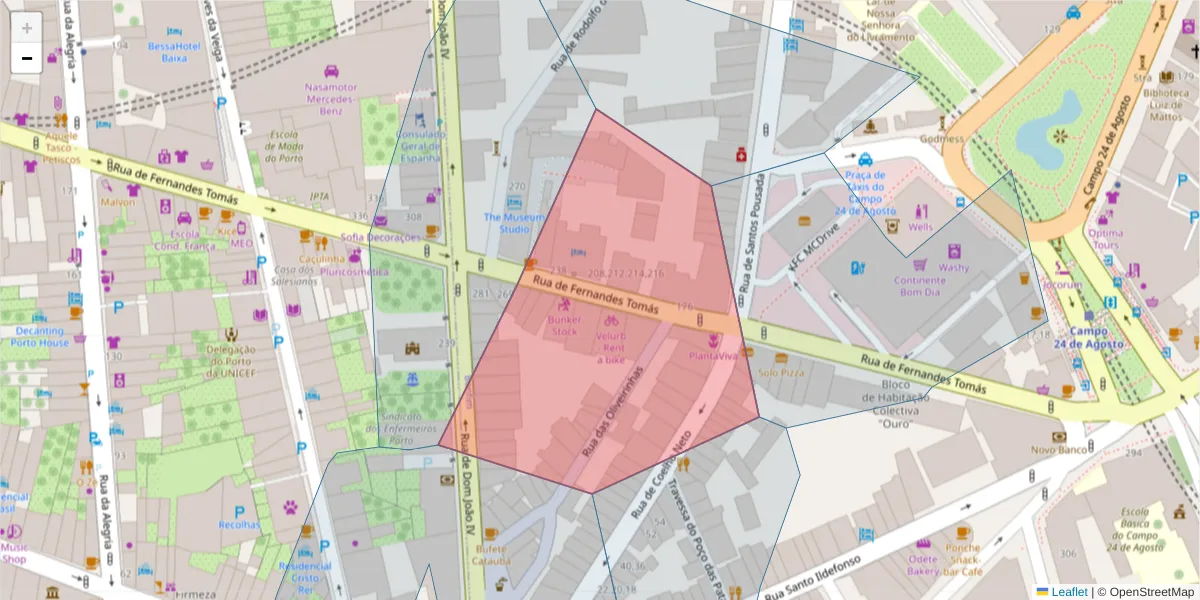 Mapa detalhado do código postal 4000-215 com limites, códigos postais vizinhos e agências dos correios
