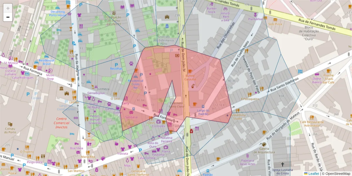 Mapa detalhado do código postal 4000-222 com limites, códigos postais vizinhos e agências dos correios