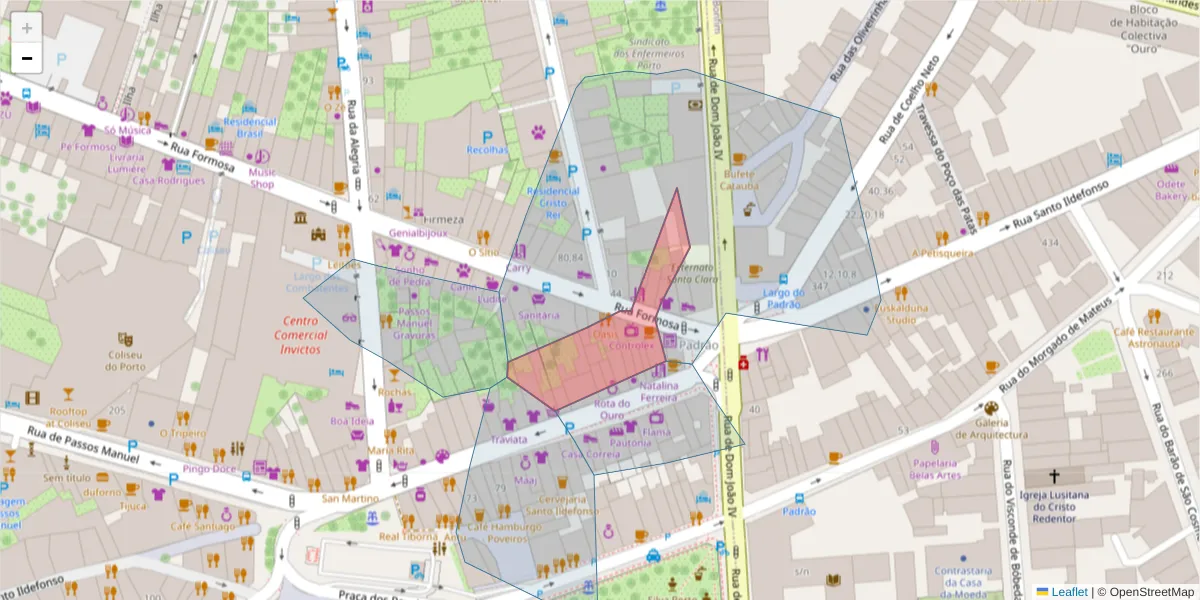 Mapa detalhado do código postal 4000-250 com limites, códigos postais vizinhos e agências dos correios